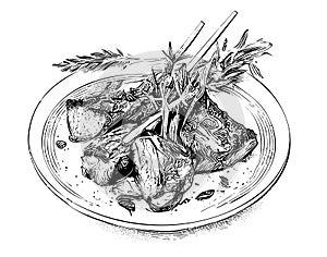 Lamb ribs on a plate hand drawn sketch Latin American food Restaurant business concept.