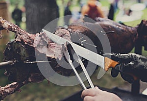 Lamb roasted at spit, meat barbecue