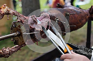 Lamb roasted at spit, meat barbecue