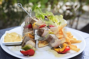 Lamb shish kebab on skewers with vegetables