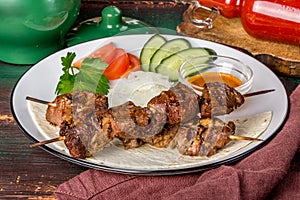 Lamb shish kebab with vegetables on a white plate