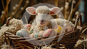 Lamb Sitting in Basket With Decorated Eggs