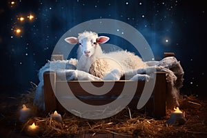 Lamb in wooden manger, symbol of newborn baby Jesus Christ. Generative AI