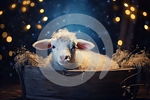 Lamb in wooden manger, symbol of newborn baby Jesus Christ. Generative AI