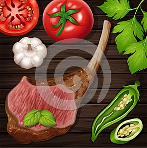 Lambchop with fresh vegetables on wooden board