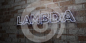 LAMBDA - Glowing Neon Sign on stonework wall - 3D rendered royalty free stock illustration