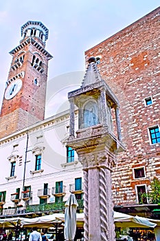 The Lamberti Tower and Aedicula Column in Piazza Erbe, Verona, Italy