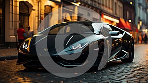 A lamborghini huracan is on a dark street in a city photo