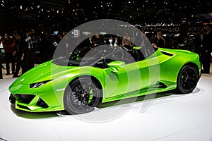 Lamborghini Huracan Evo Spyder supercar at the 89th Geneva International Motor Show. Geneva, Switzerland - March 6, 2019