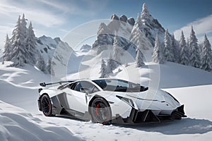 A Lamborghini Veneno on a snowy mountain peak surrounded by pristine white snow generated by AI