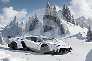 A Lamborghini Veneno on a snowy mountain peak surrounded by pristine white snow generated by AI