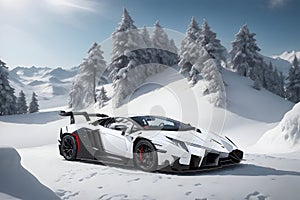 A Lamborghini Veneno on a snowy mountain peak surrounded by pristine white snow generated by AI photo