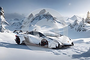 A Lamborghini Veneno on a snowy mountain peak surrounded by pristine white snow generated by AI photo