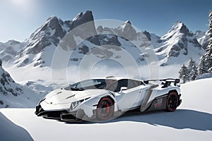 A Lamborghini Veneno on a snowy mountain peak surrounded by pristine white snow generated by AI photo