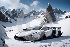 A Lamborghini Veneno on a snowy mountain peak surrounded by pristine white snow generated by AI photo