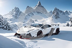 A Lamborghini Veneno on a snowy mountain peak surrounded by pristine white snow generated by AI photo