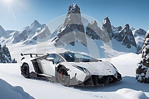 A Lamborghini Veneno on a snowy mountain peak surrounded by pristine white snow generated by AI