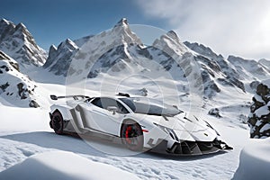 A Lamborghini Veneno on a snowy mountain peak surrounded by pristine white snow generated by AI