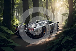 Lamborghini Veneno supercar in the mystical forest filled with ancient trees generative by Ai photo