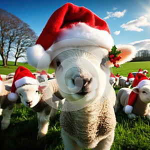 lambs wearing santa hats at christmas generative ai