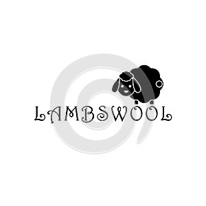 Lambswool logo with cute sheep. Lamb black and white silhouette on white background. Vector drawing.