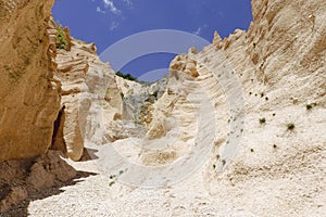 Lame Rosse in the Sibillini`s mountains. Stratifications of rock in the shape of pinnacles and towers consisting of gravel held