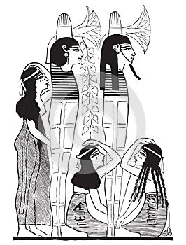 Lamentation for the dead. Set of Egyptian labels and elements. Vector set illustration template tattoo. photo