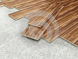 Laminated floor tiles installation. 3D illustration