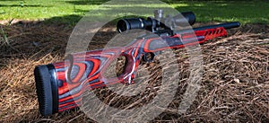 Laminated thumbhole stock and scope on a rimfire rifle photo