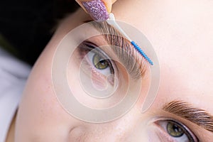 Lamination of eyebrows with the help of the composition, the master combs the eyebrow hairs at an angle of forty-five degrees