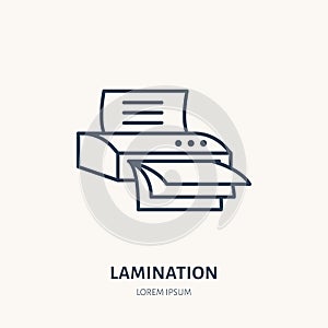 Laminator flat line icon. Office laminating machine sign. Thin linear logo for printery, equipment store photo