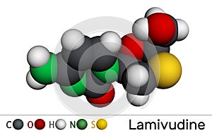 Lamivudine, 3TC drug molecule. It is used to treat Human Immunodeficiency Molecular model