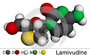 Lamivudine, 3TC molecule. It is used to treat human Immunodeficiency virus HIV and hepatitis B infections HBV. Molecular model.