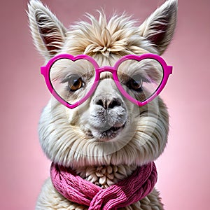Lamma, alpaca in pink heart-shaped sunglasses with a pink scarf
