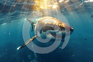 A Lamnidae shark fluidly swims underwater with its iconic fin