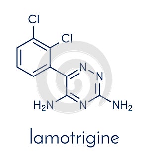 Lamotrigine seizures drug molecule. Used in treatment of epilepsy and bipolar disorder. Skeletal formula. photo