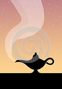 Lamp aladdin magic vector icon smoke. Aladin genie lamp sunset or sunrise bottle wish cartoon illustration.