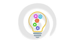 Lamp bulb with 5 gears cog wheels rotating inside, turns on and off, multicolored simple outline flat icon. Animated idea,