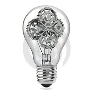 Lamp bulb and gears. Perpetuum mobile idea concept.