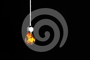 Lamp bulb hanging on the rope. isolated on black background. Fire inside. New idea concept