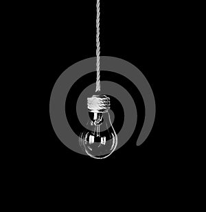 Lamp bulb hanging on the rope isolated on black background. New idea concept