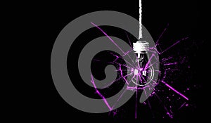 Lamp bulb hanging on the rope. Isolated on black background. New idea concept. Broken glass