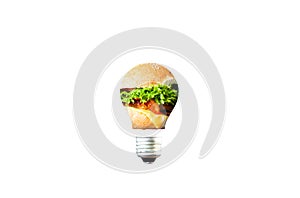 Lamp bulb isolated on white background. New idea concept.  Burger inside the glass. Food advert