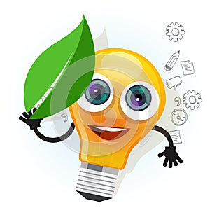 Lamp bulb light leaf cartoon character smile happy mascot face vector illustration