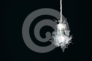Lamp bulb with triangles hanging on the rope. New idea concept.  Art idea. Isolated on black background