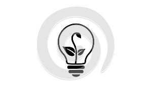 Lamp bulb, turns on and off, plant sprout with leaves growing inside, black simple outline flat pictogram.  Earth care, innovation