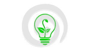 Lamp bulb, turns on and off, plant sprout with leaves growing inside, green simple outline flat pictogram.  Earth care, innovation