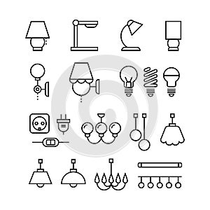 Lamp, bulbs, chandelier and electrical devices thin line vector icons set