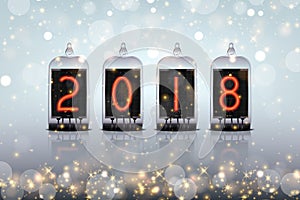 Lamp clock with 2018 numbers on holiday background. New Year steampunk vector illustration.