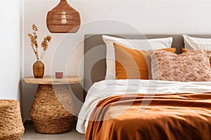 lamp comfortable bed home design modern orange decor fall interior pillow. Generative AI.